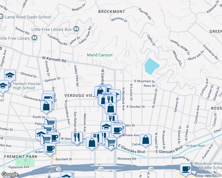 map of restaurants, bars, coffee shops, grocery stores, and more near 1317 North Brand Boulevard in Glendale