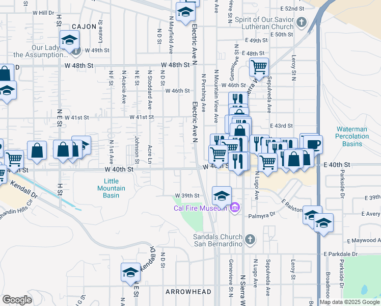 map of restaurants, bars, coffee shops, grocery stores, and more near 4032 Electric Avenue North in San Bernardino