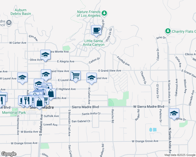 map of restaurants, bars, coffee shops, grocery stores, and more near 410 East Laurel Avenue in Sierra Madre