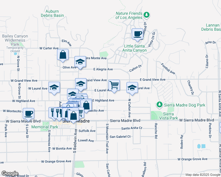 map of restaurants, bars, coffee shops, grocery stores, and more near 282 East Laurel Avenue in Sierra Madre
