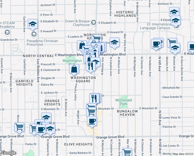 map of restaurants, bars, coffee shops, grocery stores, and more near 1143 North Lake Avenue in Pasadena