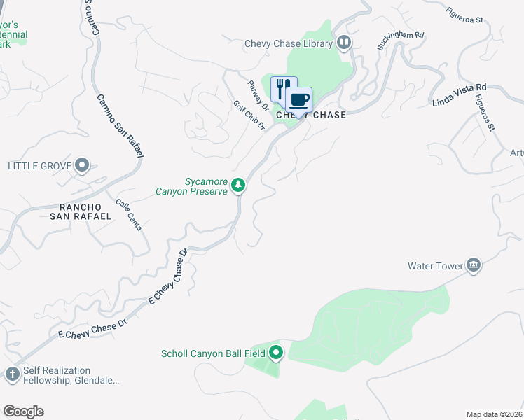 map of restaurants, bars, coffee shops, grocery stores, and more near 2816 East Chevy Chase Drive in Glendale