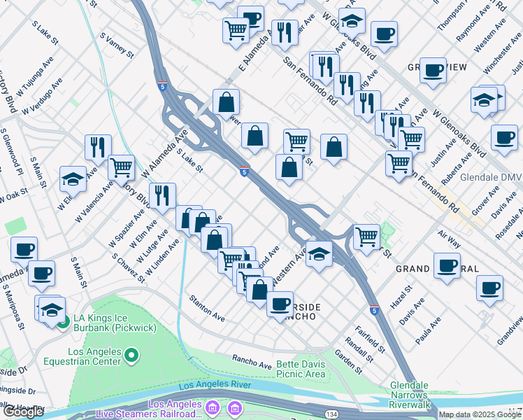 map of restaurants, bars, coffee shops, grocery stores, and more near 506 Irving Avenue in Glendale