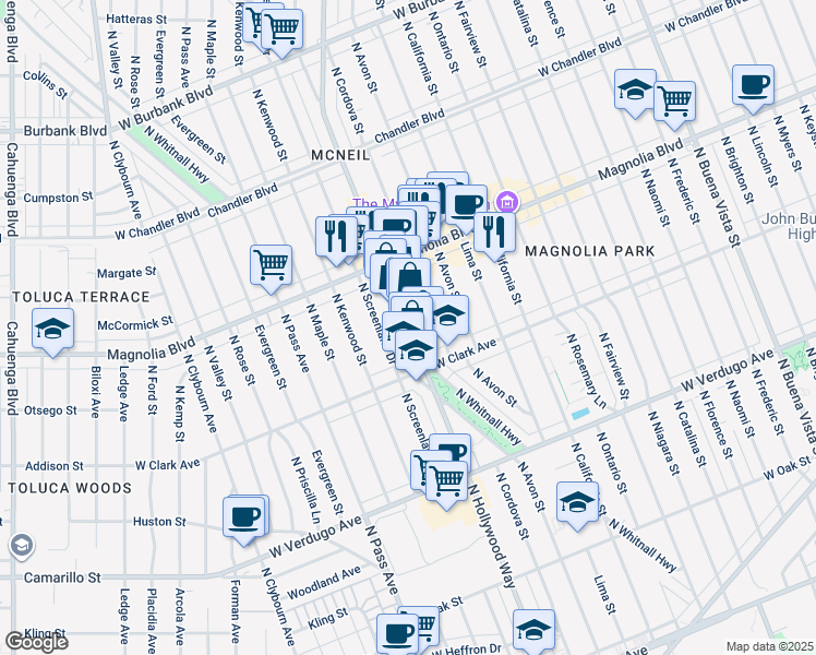 map of restaurants, bars, coffee shops, grocery stores, and more near 828 North Hollywood Way in Burbank
