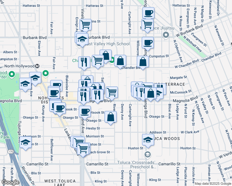 map of restaurants, bars, coffee shops, grocery stores, and more near 5240 Riverton Avenue in Los Angeles
