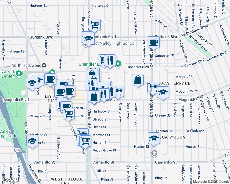 map of restaurants, bars, coffee shops, grocery stores, and more near 5217 Harmony Avenue in Los Angeles
