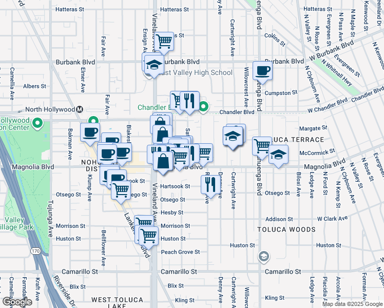 map of restaurants, bars, coffee shops, grocery stores, and more near 5217 Harmony Avenue in Los Angeles