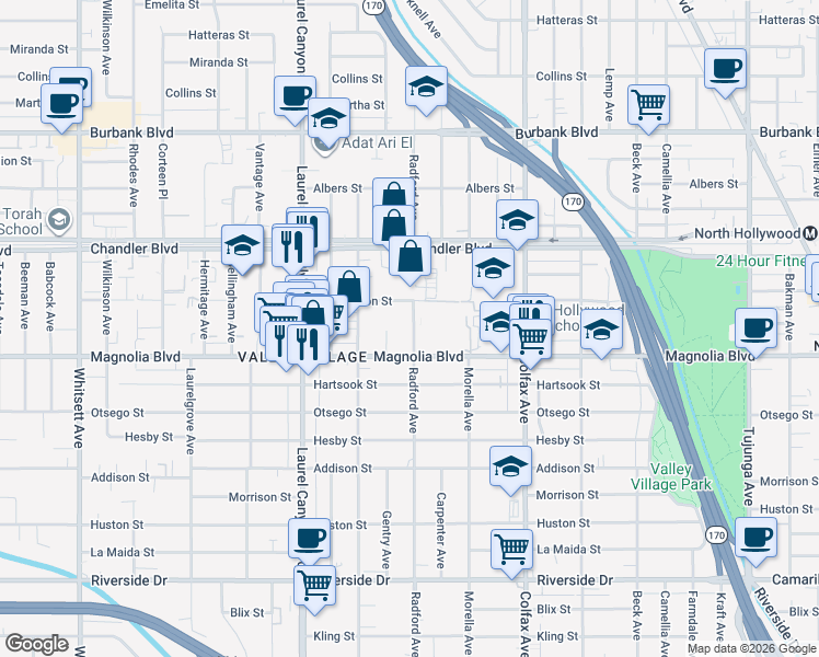 map of restaurants, bars, coffee shops, grocery stores, and more near 11855 West Magnolia Boulevard in Los Angeles