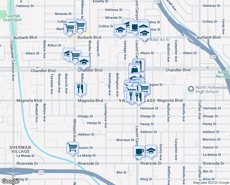 map of restaurants, bars, coffee shops, grocery stores, and more near 12230 West Magnolia Boulevard in Los Angeles