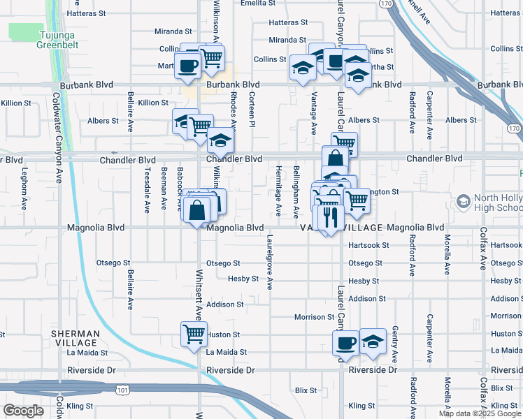 map of restaurants, bars, coffee shops, grocery stores, and more near 5224 Corteen Place in Los Angeles