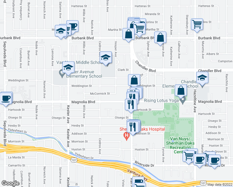 map of restaurants, bars, coffee shops, grocery stores, and more near 14557 West Magnolia Boulevard in Los Angeles