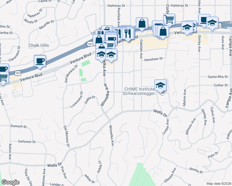 map of restaurants, bars, coffee shops, grocery stores, and more near 5213 Penfield Avenue in Los Angeles