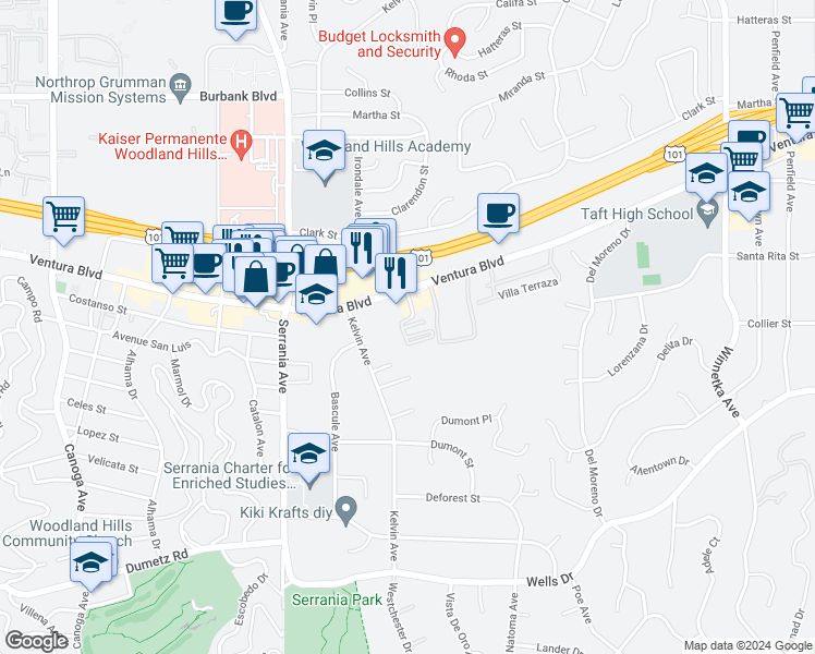 map of restaurants, bars, coffee shops, grocery stores, and more near 20720 Ventura Boulevard in Los Angeles