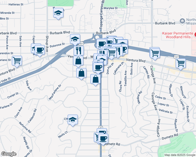 map of restaurants, bars, coffee shops, grocery stores, and more near 22011 Crespi Street in Los Angeles