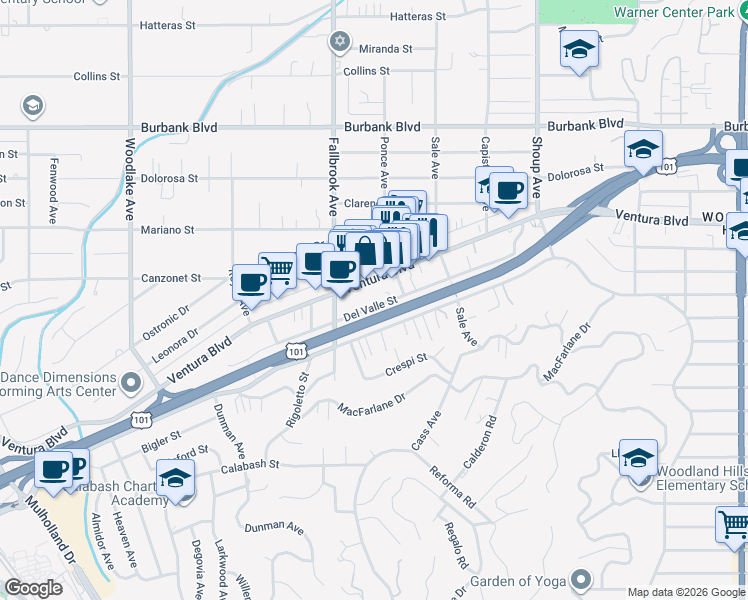 map of restaurants, bars, coffee shops, grocery stores, and more near 22745 Del Valle Street in Los Angeles