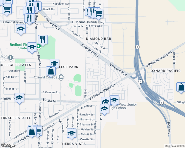 map of restaurants, bars, coffee shops, grocery stores, and more near 2102 Mockingbird Lane in Oxnard