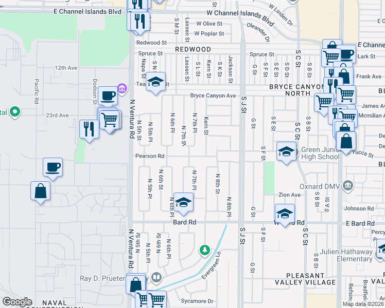 map of restaurants, bars, coffee shops, grocery stores, and more near 706 Pearson Road in Port Hueneme