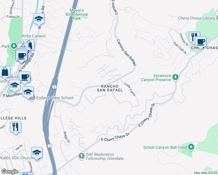 map of restaurants, bars, coffee shops, grocery stores, and more near 989 Calle La Primavera in Glendale