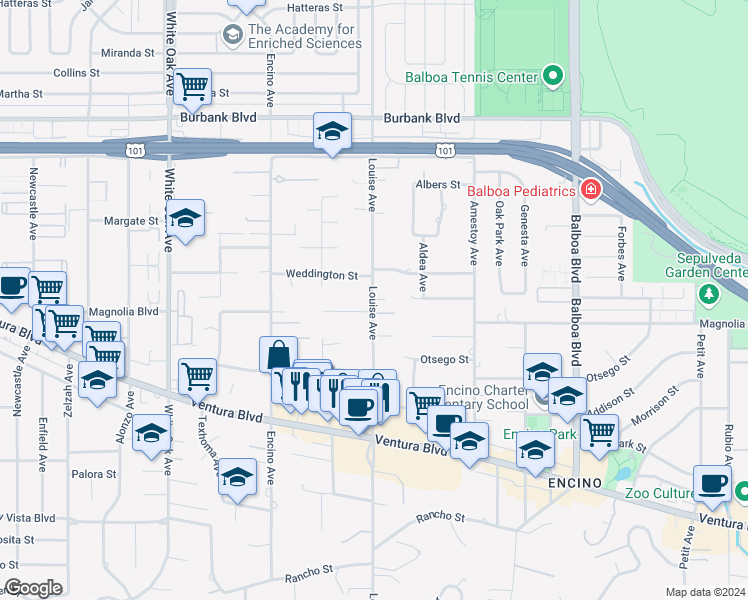 map of restaurants, bars, coffee shops, grocery stores, and more near 5430 Louise Avenue in Los Angeles