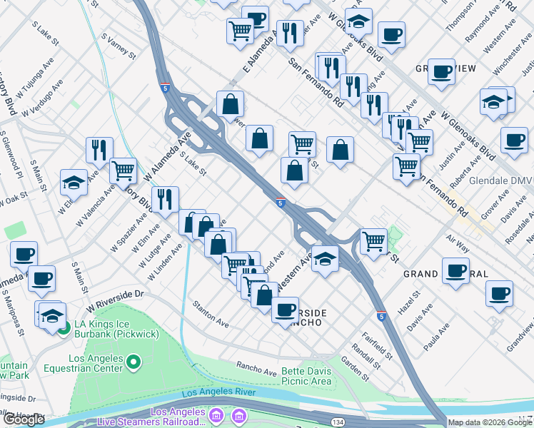 map of restaurants, bars, coffee shops, grocery stores, and more near 506 Irving Avenue in Glendale