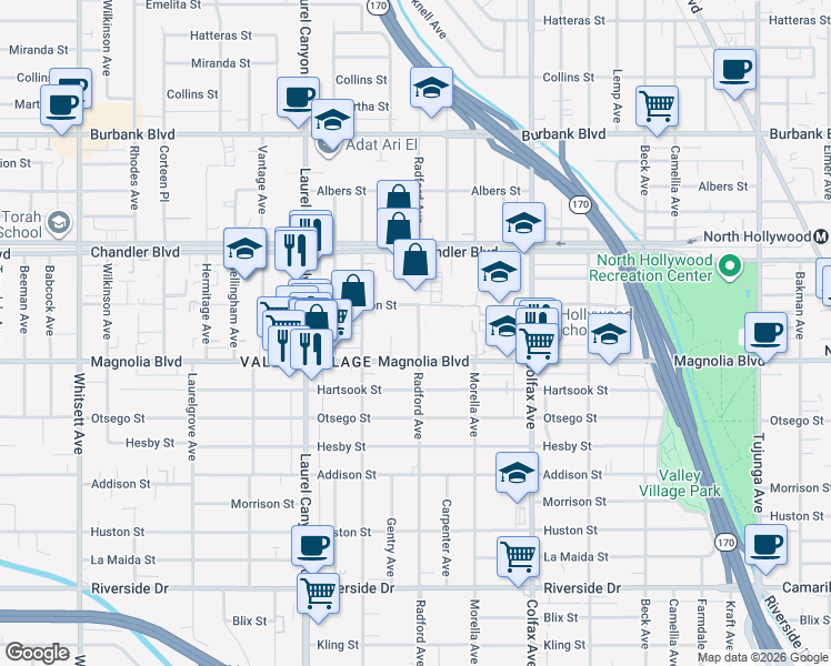 map of restaurants, bars, coffee shops, grocery stores, and more near 11855 West Magnolia Boulevard in Los Angeles