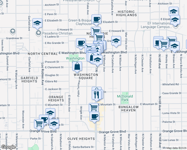 map of restaurants, bars, coffee shops, grocery stores, and more near 1165 North Lake Avenue in Pasadena