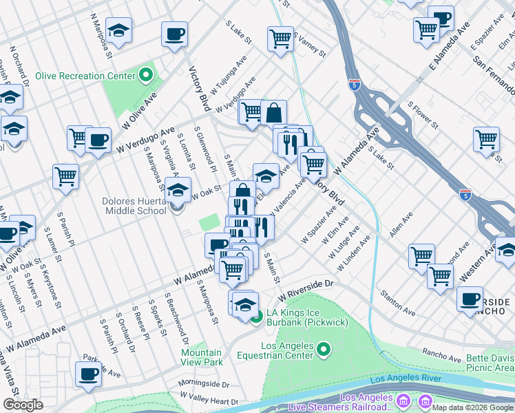 map of restaurants, bars, coffee shops, grocery stores, and more near 412 West Elmwood Avenue in Burbank