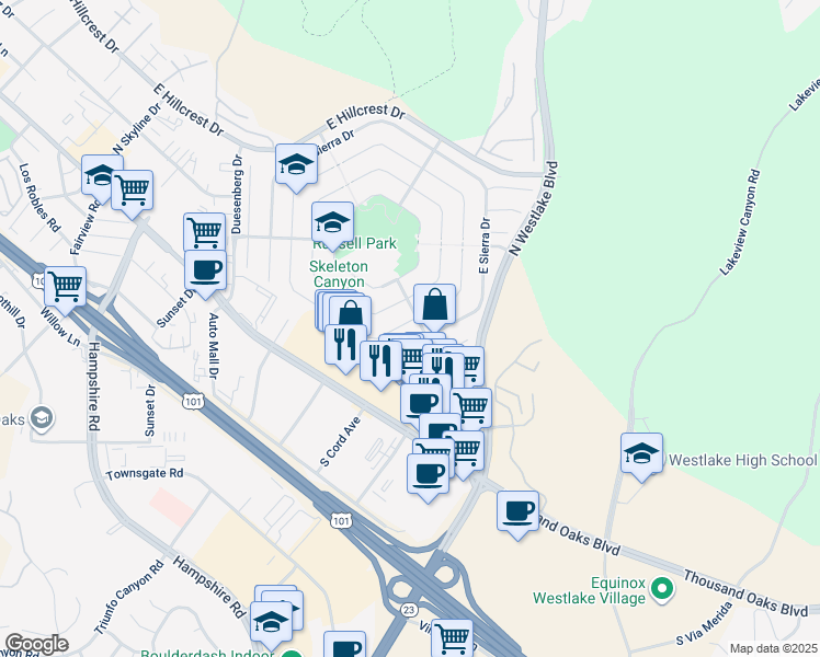 map of restaurants, bars, coffee shops, grocery stores, and more near 2784 Great Smokey Court in Westlake Village
