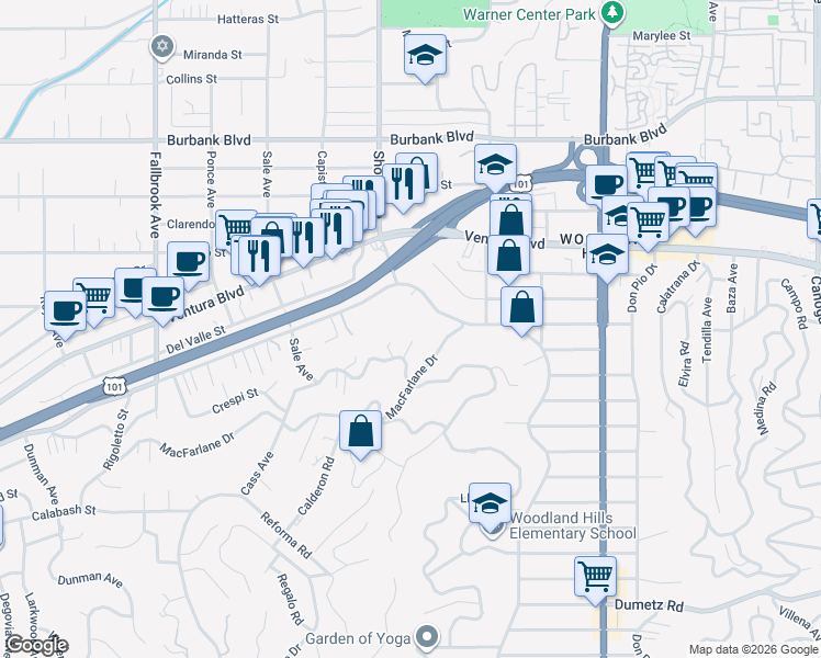 map of restaurants, bars, coffee shops, grocery stores, and more near 22377 Cass Avenue in Los Angeles