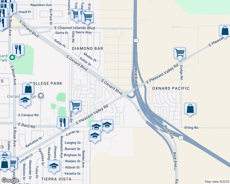 map of restaurants, bars, coffee shops, grocery stores, and more near 2 North Oxnard Boulevard in Oxnard