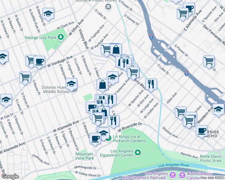 map of restaurants, bars, coffee shops, grocery stores, and more near 345 West Alameda Avenue in Burbank