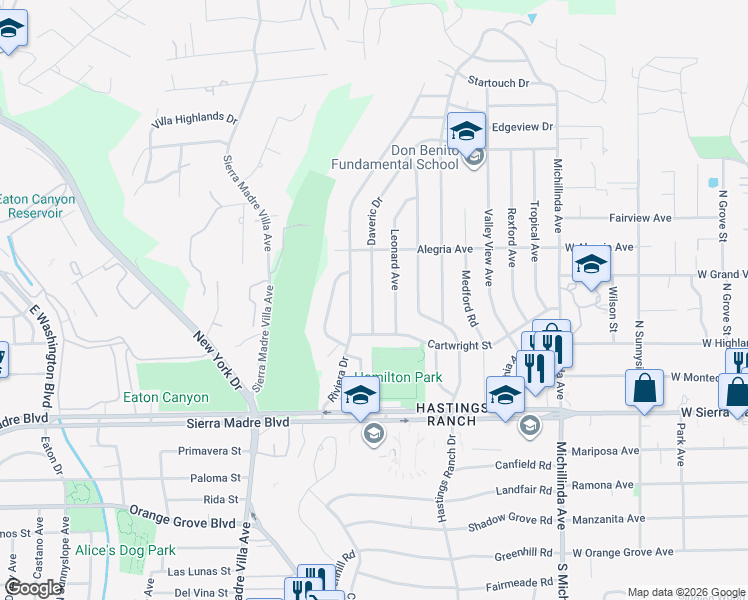 map of restaurants, bars, coffee shops, grocery stores, and more near 1125 Leonard Avenue in Pasadena