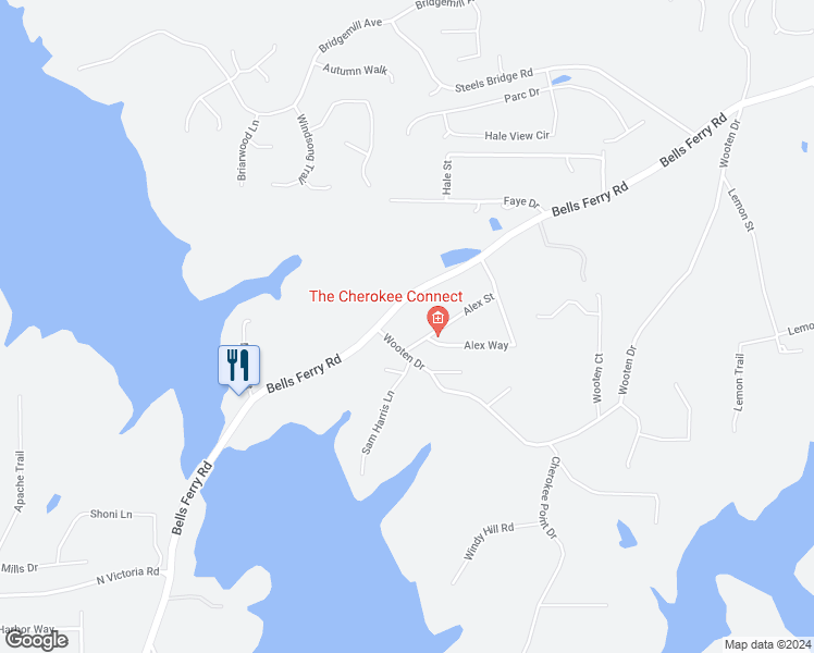 map of restaurants, bars, coffee shops, grocery stores, and more near 7440 Bells Ferry Road in Canton