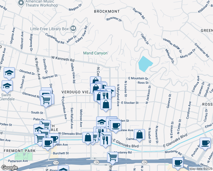 map of restaurants, bars, coffee shops, grocery stores, and more near 1317 North Brand Boulevard in Glendale
