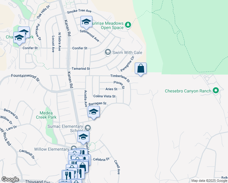 map of restaurants, bars, coffee shops, grocery stores, and more near 28705 Colina Vista Street in Agoura Hills