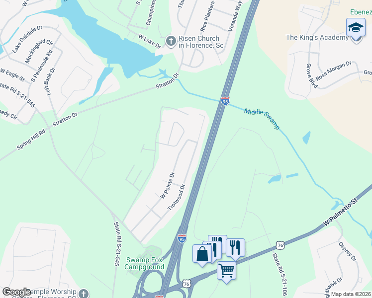 map of restaurants, bars, coffee shops, grocery stores, and more near 3661 Trotwood Drive in Florence