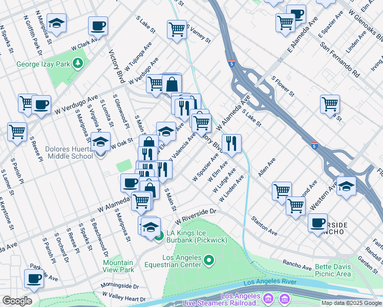 map of restaurants, bars, coffee shops, grocery stores, and more near 345 West Alameda Avenue in Burbank