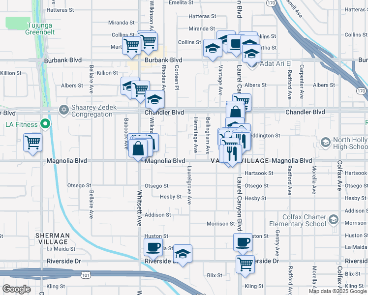 map of restaurants, bars, coffee shops, grocery stores, and more near 5232 Corteen Place in Los Angeles