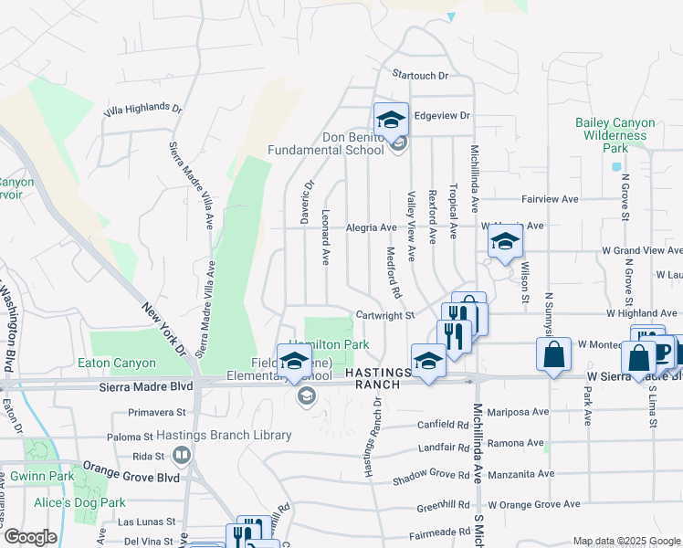map of restaurants, bars, coffee shops, grocery stores, and more near 1110 Coronet Avenue in Pasadena