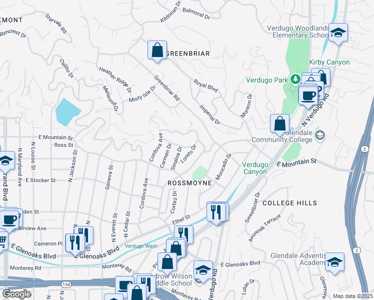 map of restaurants, bars, coffee shops, grocery stores, and more near 954 Rosemount Road in Glendale