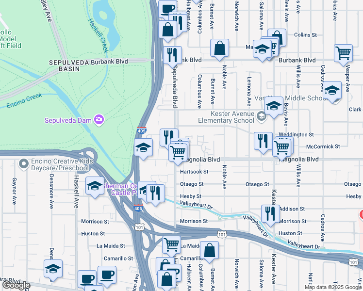 map of restaurants, bars, coffee shops, grocery stores, and more near 15237 West Magnolia Boulevard in Los Angeles