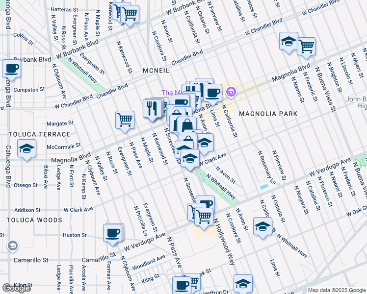 map of restaurants, bars, coffee shops, grocery stores, and more near 850 North Screenland Drive in Burbank