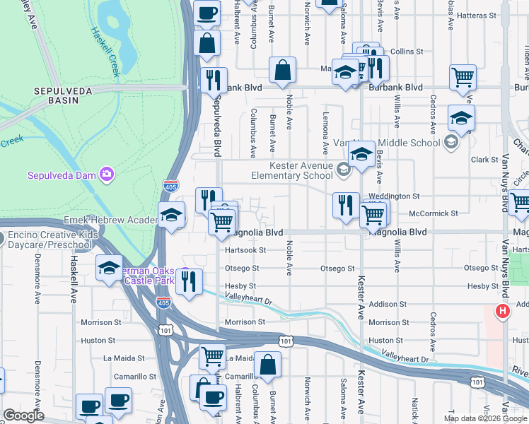 map of restaurants, bars, coffee shops, grocery stores, and more near 15137 Magnolia Boulevard in Los Angeles