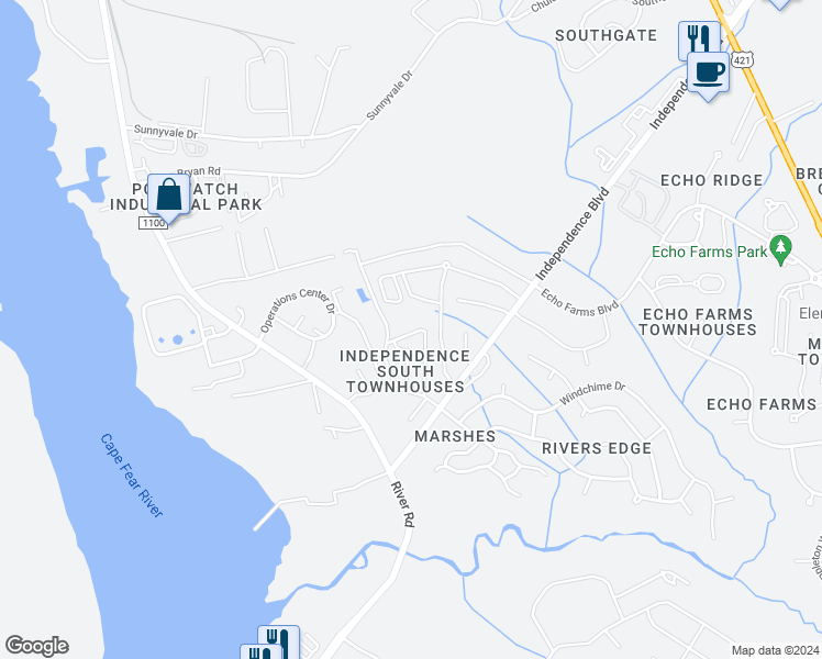 map of restaurants, bars, coffee shops, grocery stores, and more near 316 Hibiscus Way in Wilmington
