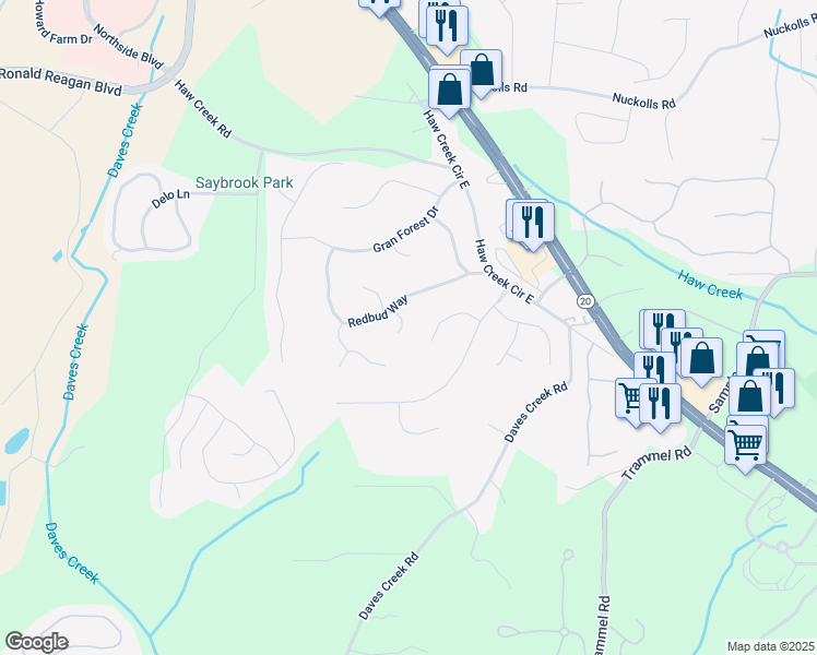 map of restaurants, bars, coffee shops, grocery stores, and more near 1525 Shagbark Way in Cumming