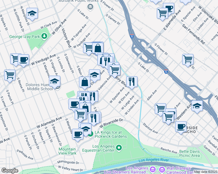 map of restaurants, bars, coffee shops, grocery stores, and more near 345 West Alameda Avenue in Burbank