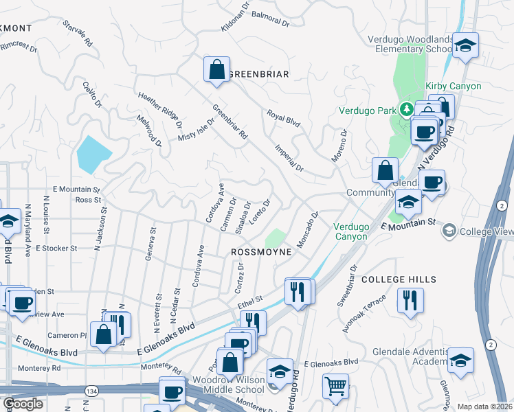 map of restaurants, bars, coffee shops, grocery stores, and more near 1332 Loreto Drive in Glendale