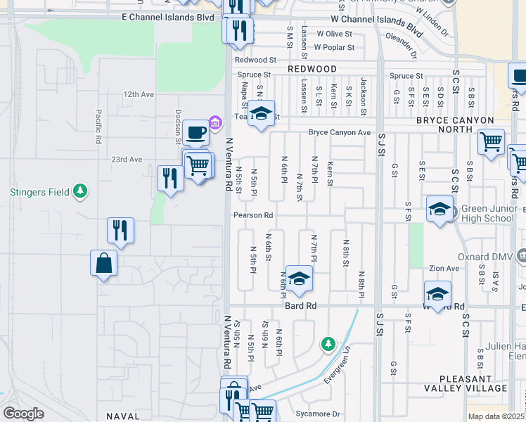 map of restaurants, bars, coffee shops, grocery stores, and more near 545 Pearson Road in Port Hueneme