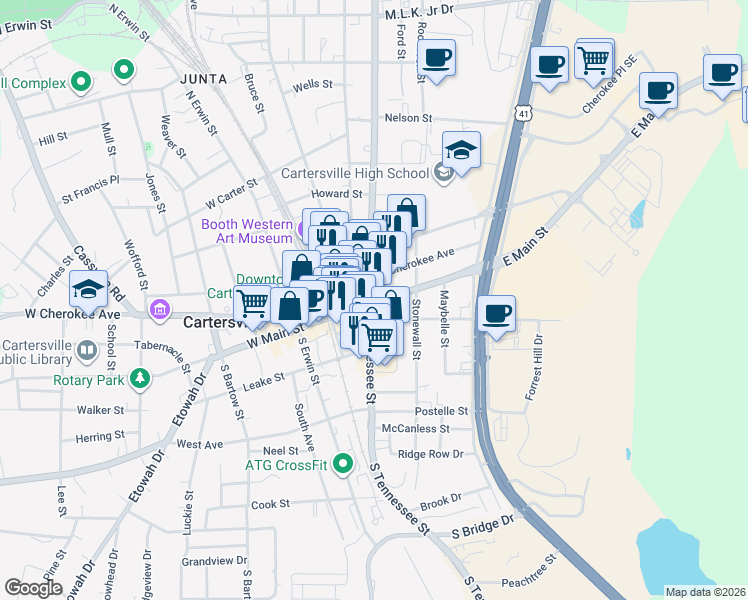 map of restaurants, bars, coffee shops, grocery stores, and more near 74 South Tennessee Street in Cartersville