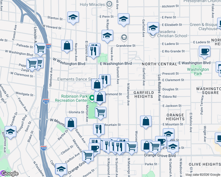 map of restaurants, bars, coffee shops, grocery stores, and more near 1138 North Raymond Avenue in Pasadena